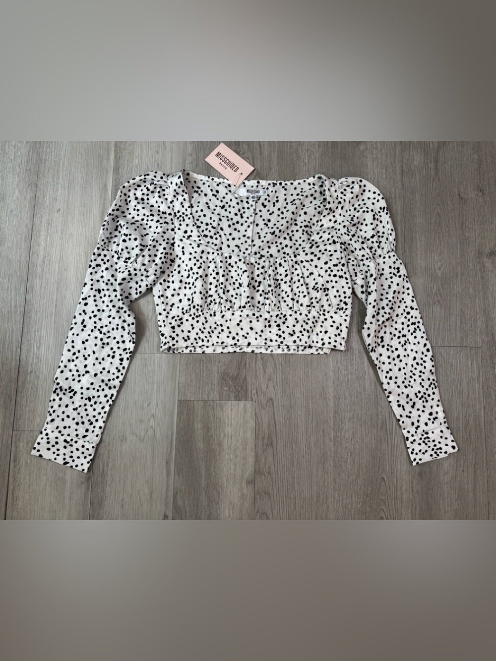 Missguided Milkmaid Black White Polka Dot Crop Top Long Sleeve Petite 4 NWT